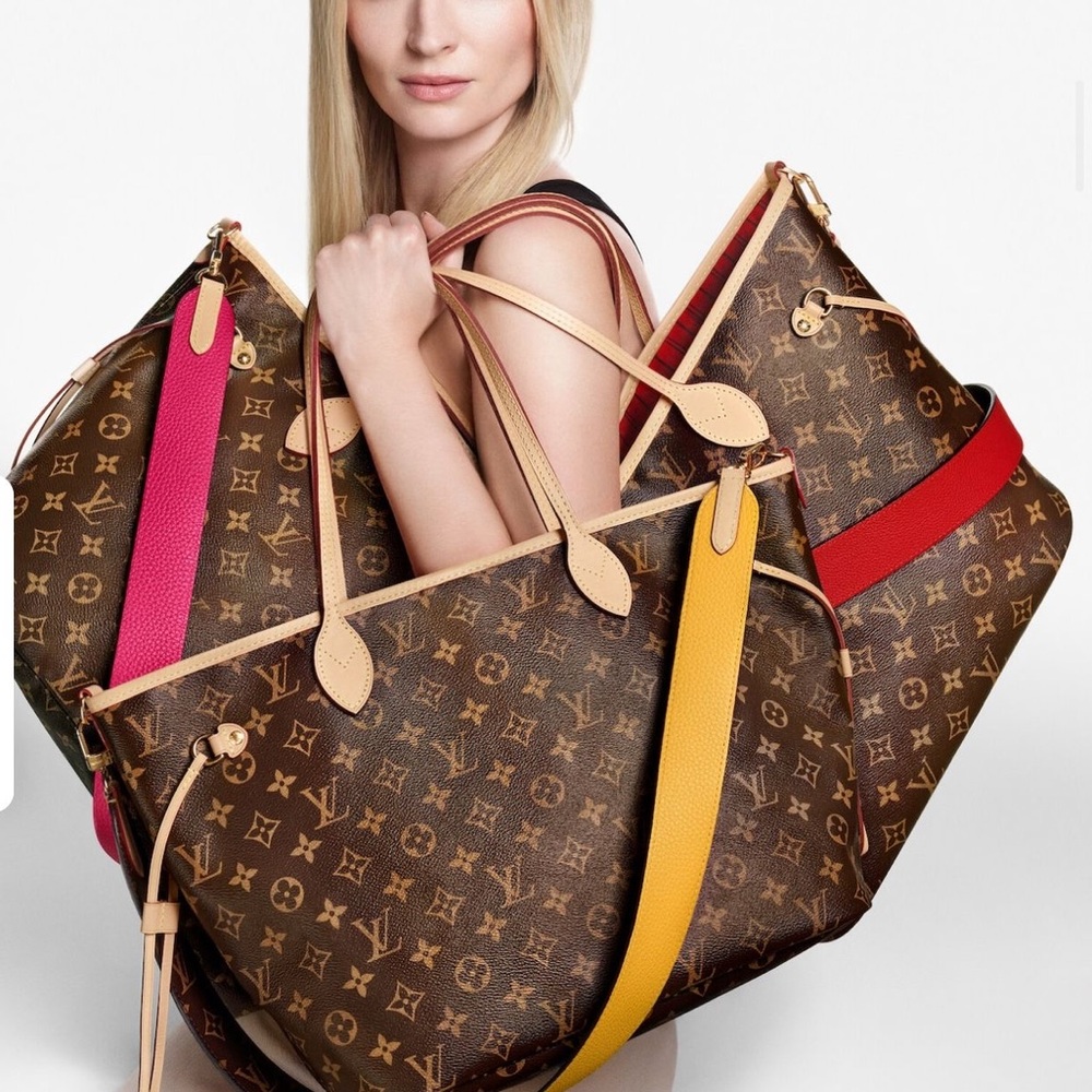 Large Tote 2 Bags & Shoulder Strap Iconic Monogram w/ red accents Neverful Tote